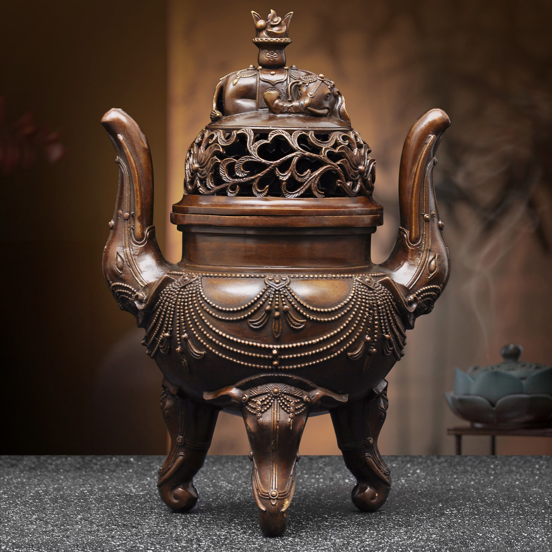 彩铜三足大象熏香炉仿古宣德炉书