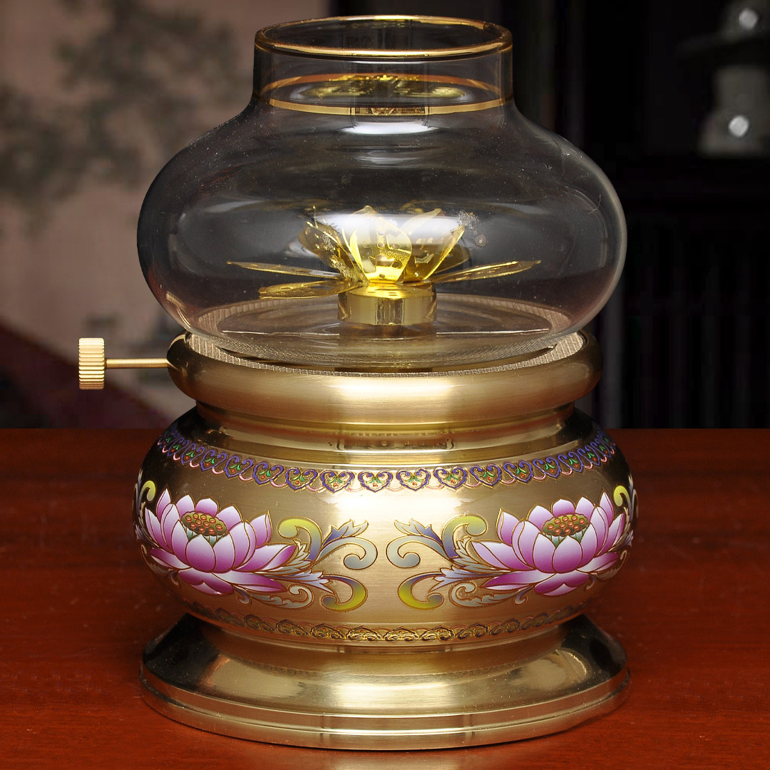 黄铜素面莲花油灯酥油灯家用寺庙佛堂供佛油灯长明灯佛灯防风灯座