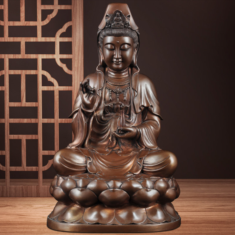 紫铜观音摆件南海观世音菩萨佛像坐莲观音像居家佛堂寺庙供奉佛像