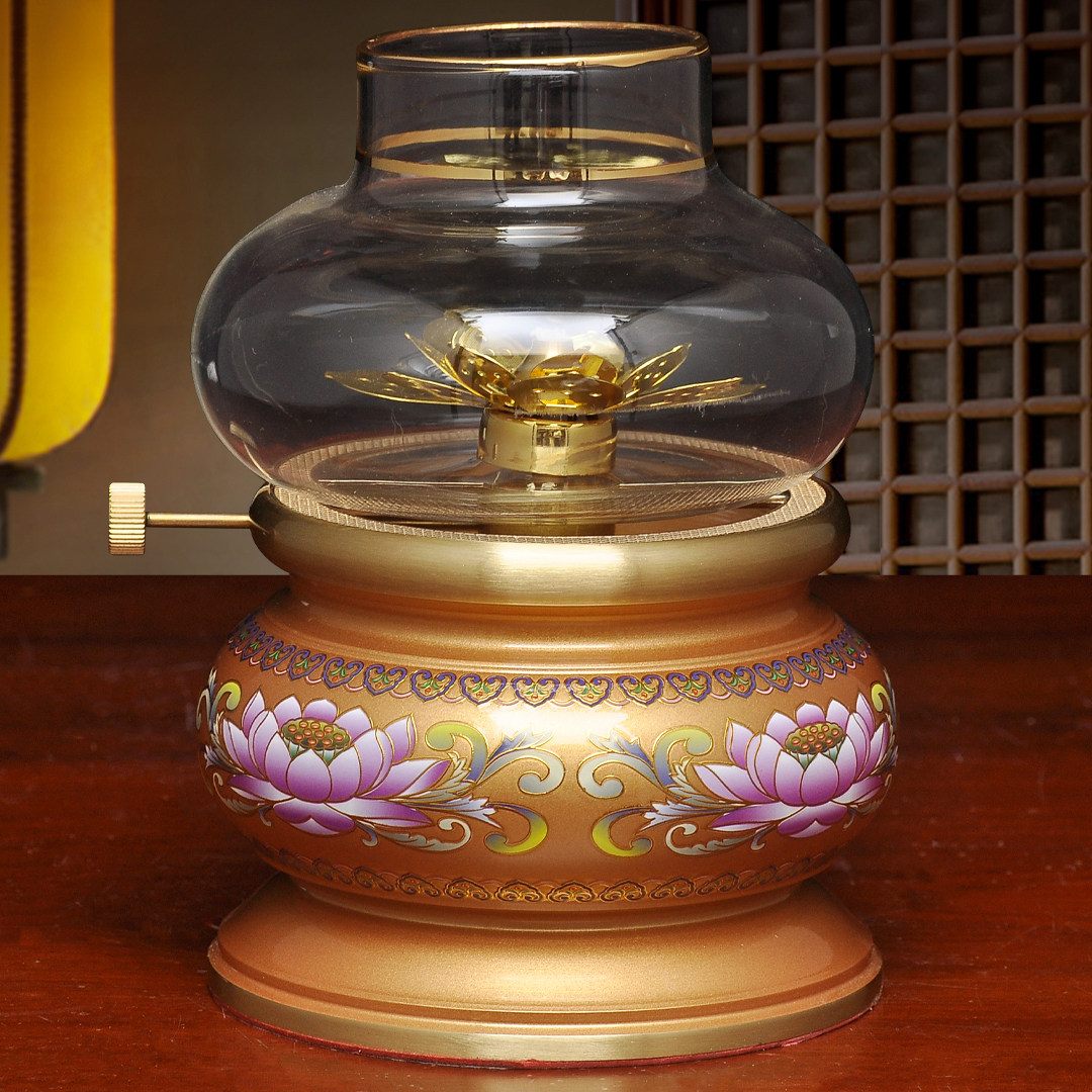 黄铜莲花圆边调光油灯酥油灯家用寺庙佛堂供佛油灯长明灯防风灯座