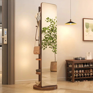 实木全身镜落地家用穿衣镜卧室可旋转移动试衣镜带挂衣架一体镜子