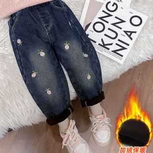 女孩加厚一体绒老爹裤 儿童卡通刺绣哈伦裤 秋冬新款 女童加绒牛仔裤