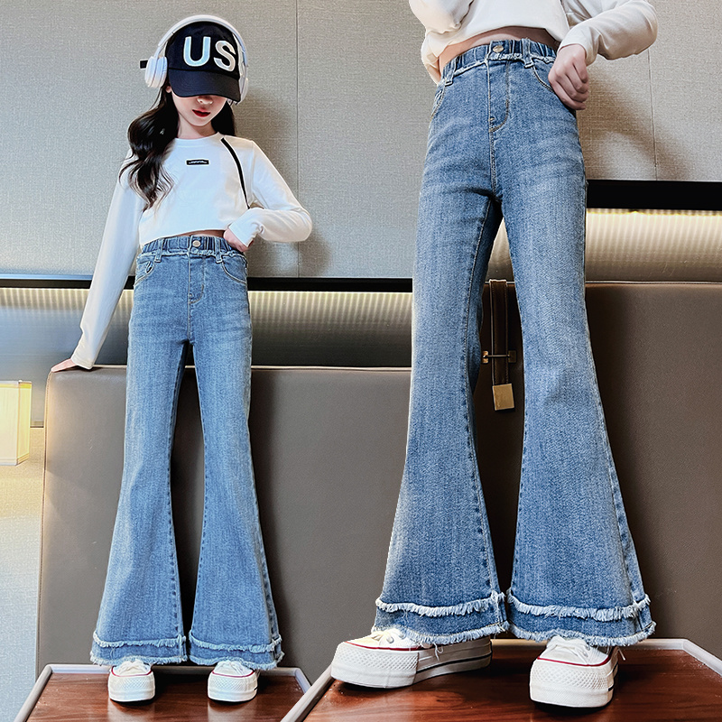 女童牛仔喇叭裤春秋款微喇叭儿童洋气裤子高腰复古毛边长裤单裤修