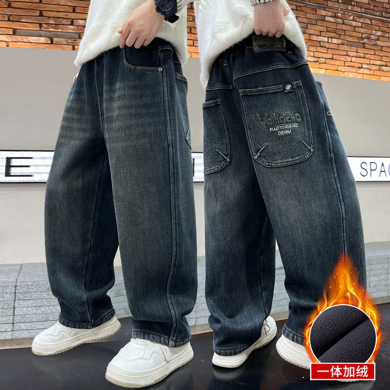 2025新款男童牛仔裤加绒加厚一体绒裤子中大童宽松冬装棉裤保暖裤