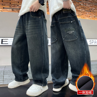 2025新款男童牛仔裤加绒加厚一体绒裤子中大童宽松冬装棉裤保暖裤