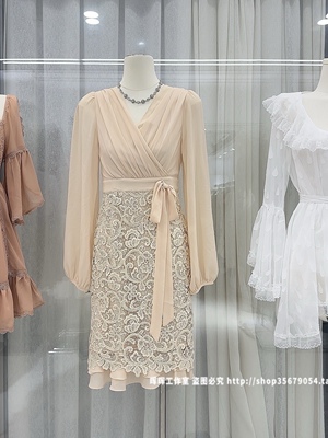 2026新款V领雪纺拼接名媛风包臀裙收腰显瘦系带蕾丝连衣裙