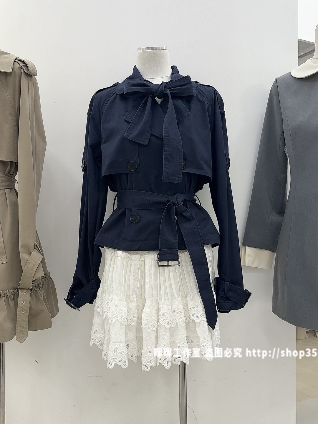 2026秋季新款女装藏青色双排扣短外套女宽松长袖春秋蝴蝶结外套