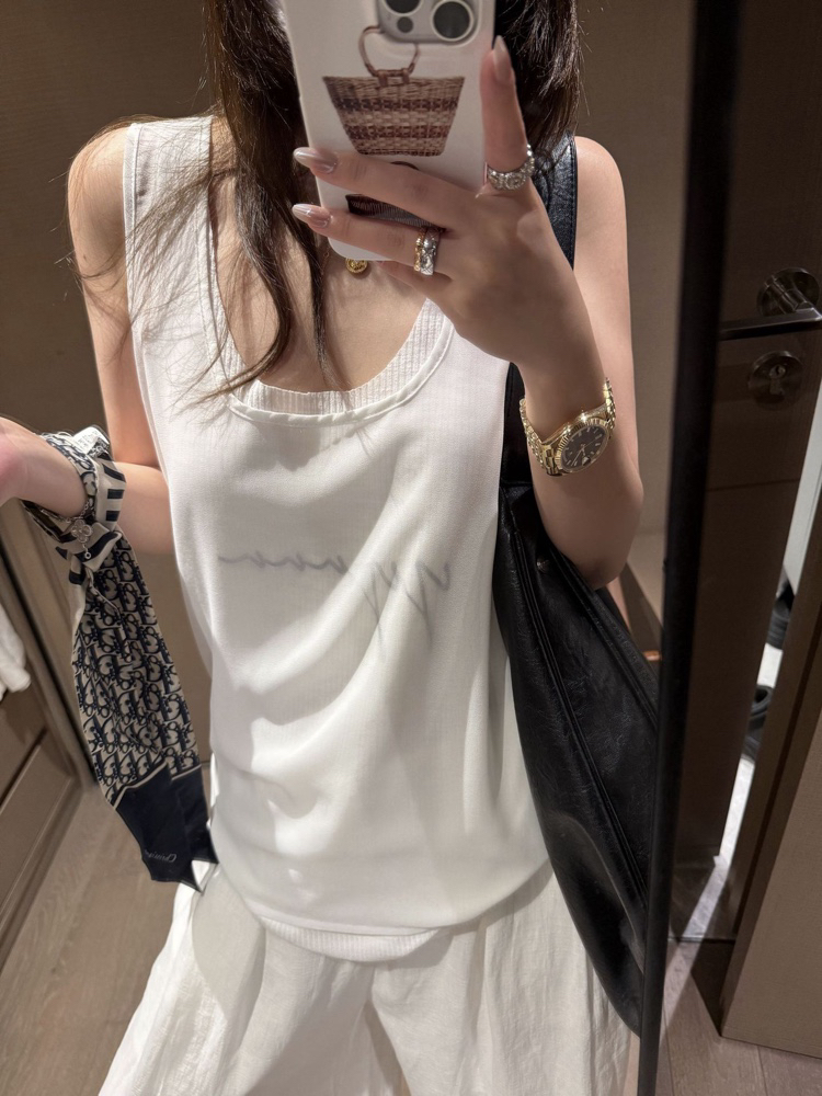 2025夏季新款时尚百搭修身显瘦无袖假两件印花背心上衣女