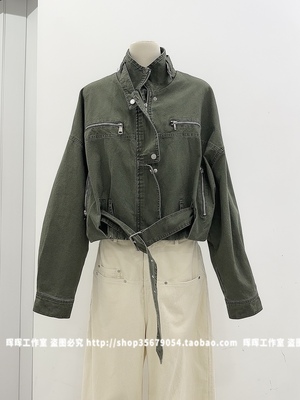 2025新款秋冬女装水洗牛仔军绿色外套女宽松休闲百搭短款夹克上衣