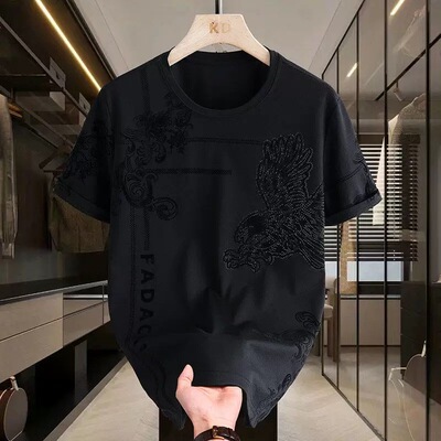 夏季新品男士短袖体恤潮流时尚圆领透气男装打底植绒烫钻休闲体恤