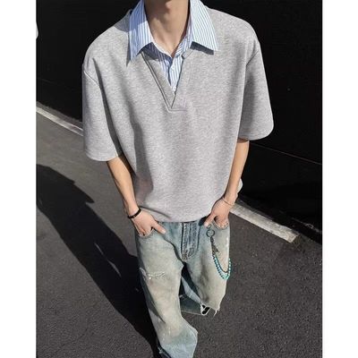 高级衫t恤小众拼接短袖潮牌半袖翻领polo宽松痞帅男设计感假两件