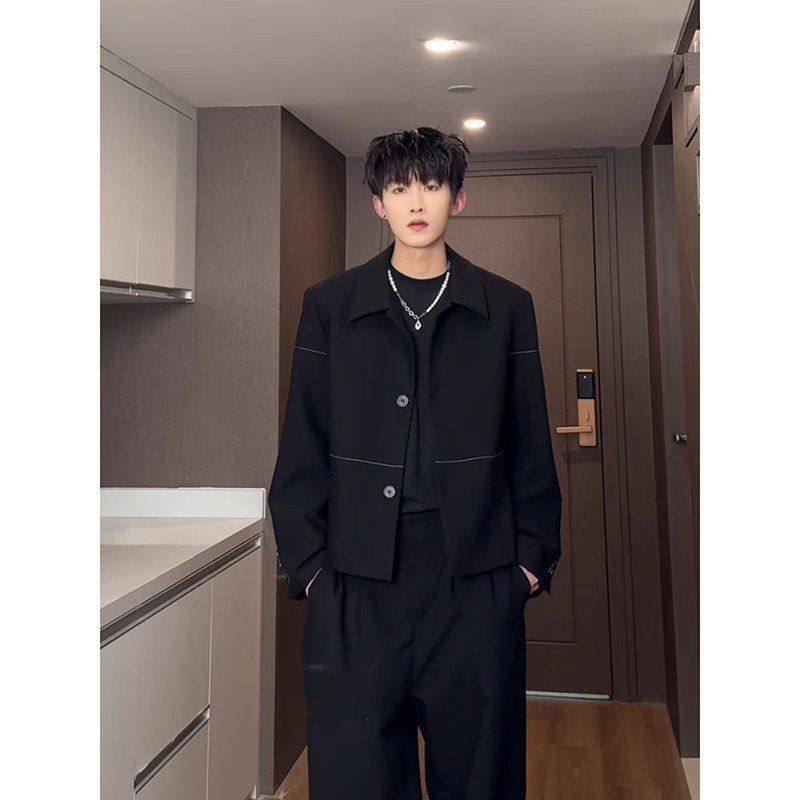 外套西装休闲风夹克老钱美式黑色男款翻领西服垫肩春秋上衣高级感