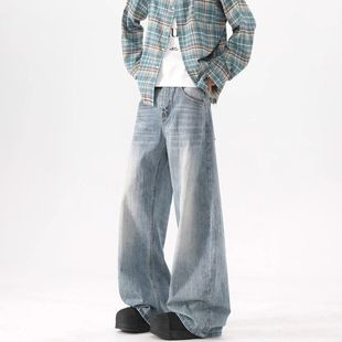 百搭牛仔裤休闲潮牌vibe夏季高街长裤阔腿美式水洗蓝宽松男阔腿裤