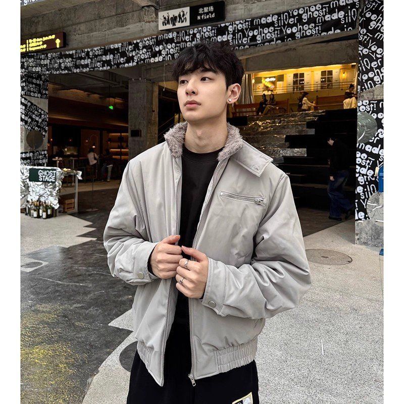 夹克加绒bomber棉服男冬毛领棉衣