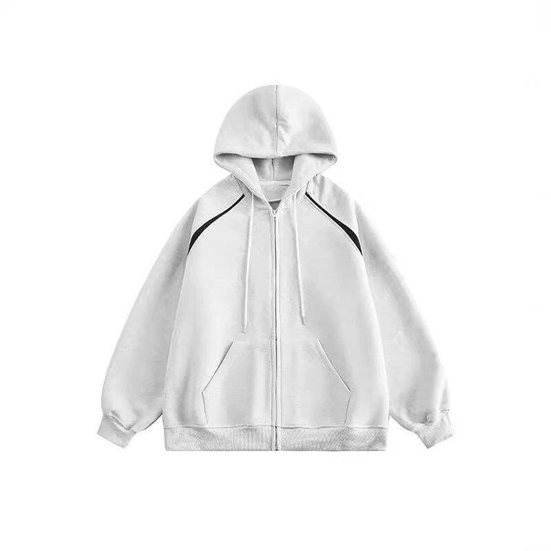 连帽灰色重磅撞色潮牌开衫oversize卫衣宽松男生拉链美式外套拼接