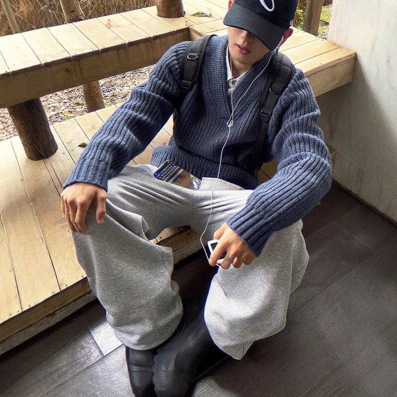 新款粗线复古外套蓝色高级感宽松毛衣男女美式潮针织衫领V秋冬季