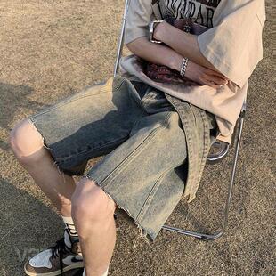 高街复古潮牌痞帅美式裤子阔腿宽松炸街夏季男牛仔短裤水洗五分裤