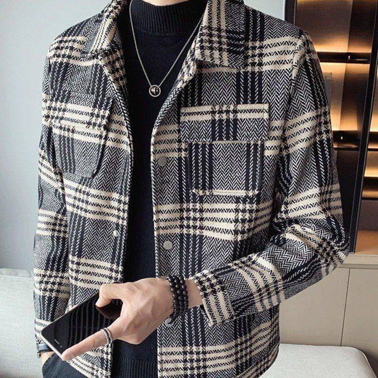 夹克潮流秋冬季外套帅气毛呢短款高级感男士呢子大衣格子痞帅修身