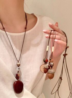 禅意复古长款橡果编织颈链项链