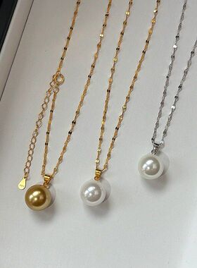 珍珠锁骨S吊坠时尚百搭真金电镀家链颈链项链单颗澳极光简约白色