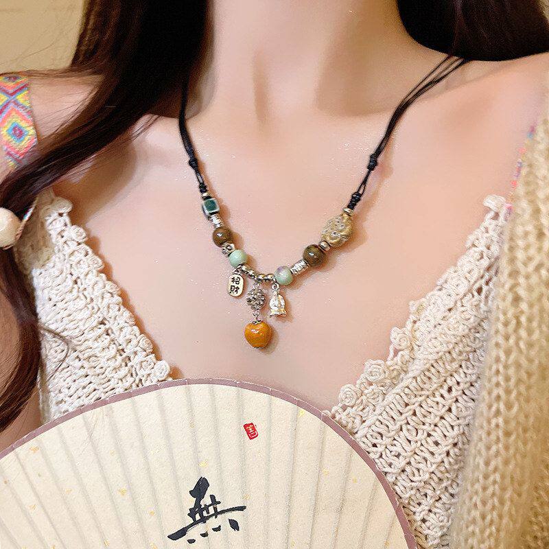 新中式汉服国风项链串珠醉梦古风陶瓷复古链女禅意锁骨颈链编织绳
