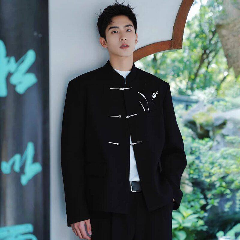 春秋季外套西服中山装高级感礼服黑色中国风立领新中式盘扣男垫肩