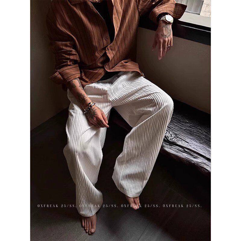 男款夏季休闲裤风垂感白色阔腿裤慵懒宽松潮牌薄款裤子感肌理老钱