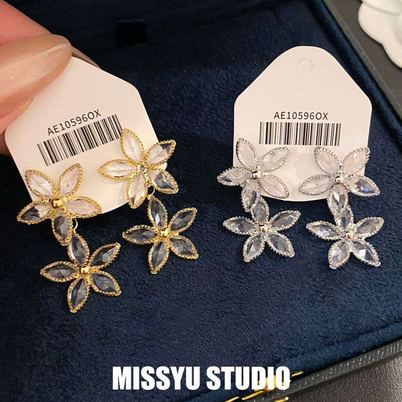 花朵复古吊坠耳钉锆石棱面流光
