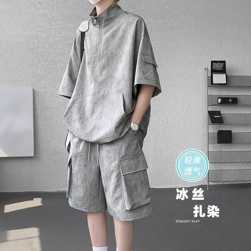 运动套装扎染夏季两件套冰丝男半短袖青少年短裤搭配拉链休闲工装