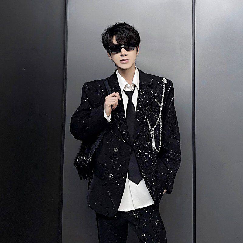 男外套春秋季西装高级感满天星黑色垫肩设计休闲闪亮痞帅工厂西服