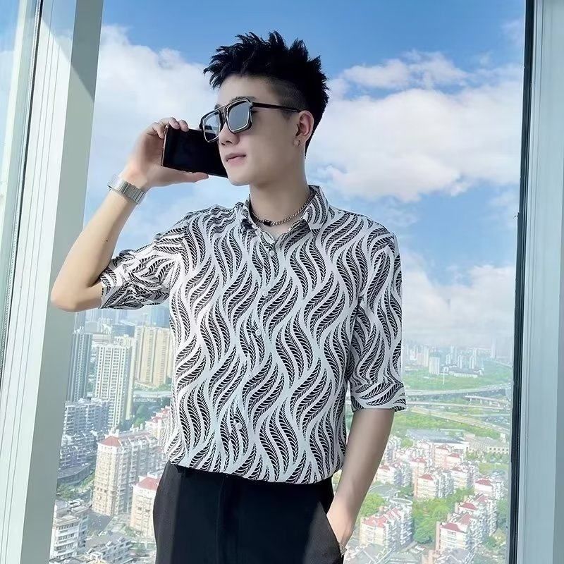 痞帅衬衫批发上衣潮牌男士冰丝设计感小众短袖夏季代发衬衣高级感