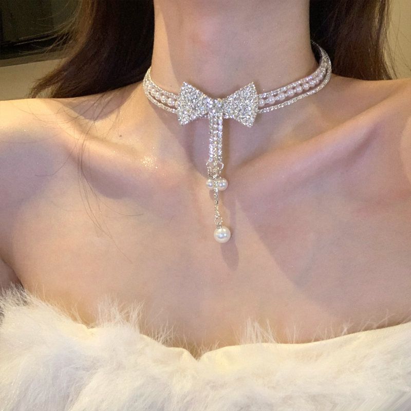 蝴蝶结感~链女晚宴choker满钻锁骨千金宴会珍珠项链礼服项圈赴约