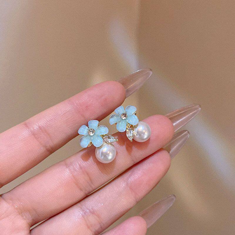 珍珠花朵气质耳钉小众耳饰超仙高级感春夏法式百搭蓝色耳环女通勤