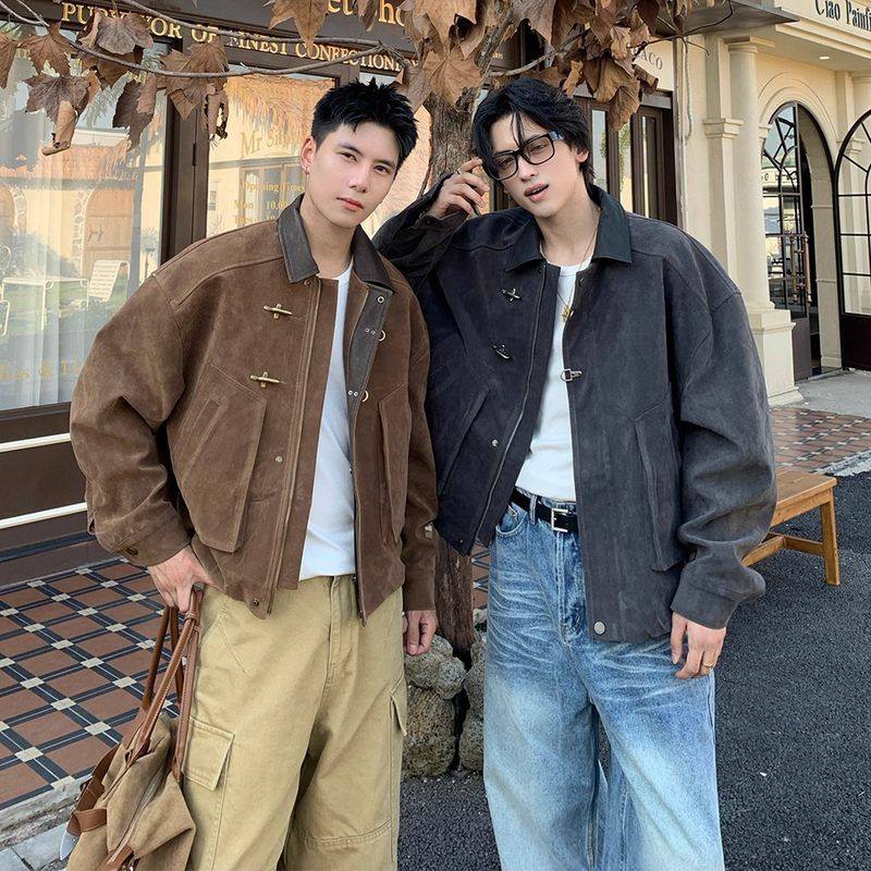 设计感夹克复古短款潮牌高级感外套秋冬季痞帅男短款美式麂皮翻领