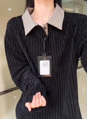 领olo男卫衣鱼骨搭t恤正肩重磅千鸟格美式长袖上衣黑色秋冬p纹内