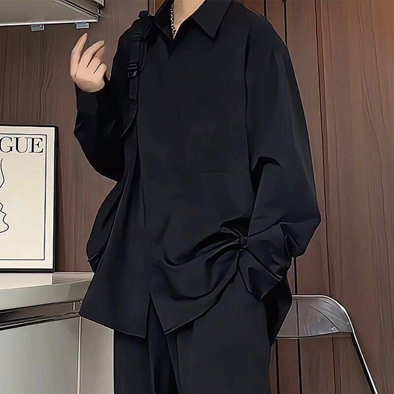 男外套长袖男装高级感美式痞帅衬衣冰丝高街衬衫黑色春秋潮牌新款