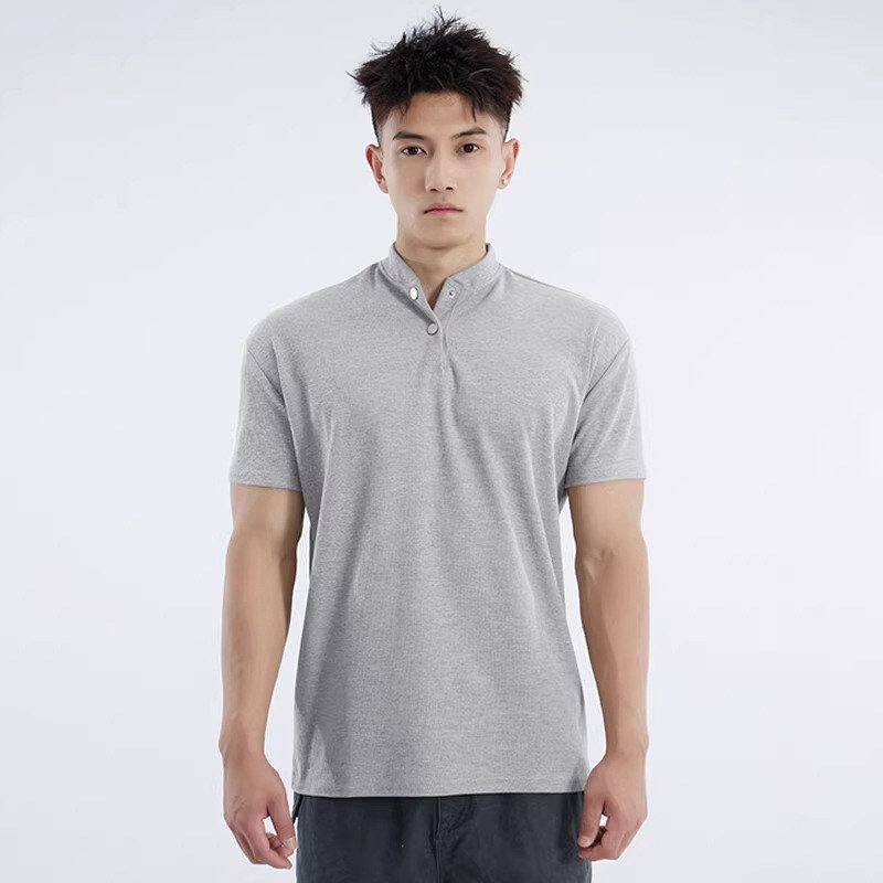 重磅t恤宽松男潮透气弹力新中式华夫格运动休闲亨利领短袖春夏季
