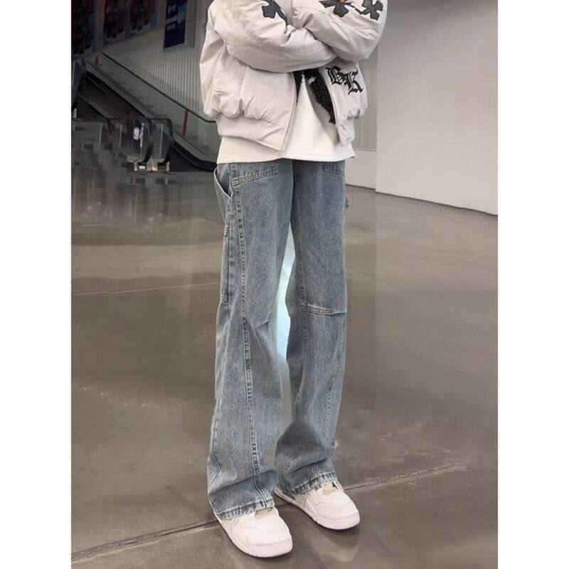 秋冬绑带直筒裤蓝色斜切显瘦牛仔裤微喇裤弯刀工装子高街男款美式