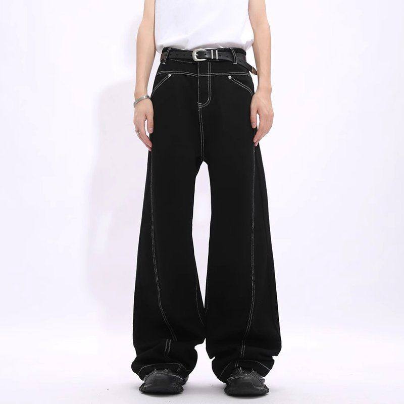 男款辑cle明线牛仔裤高街微喇裤弯刀anfit裤子美式设计感黑色直筒