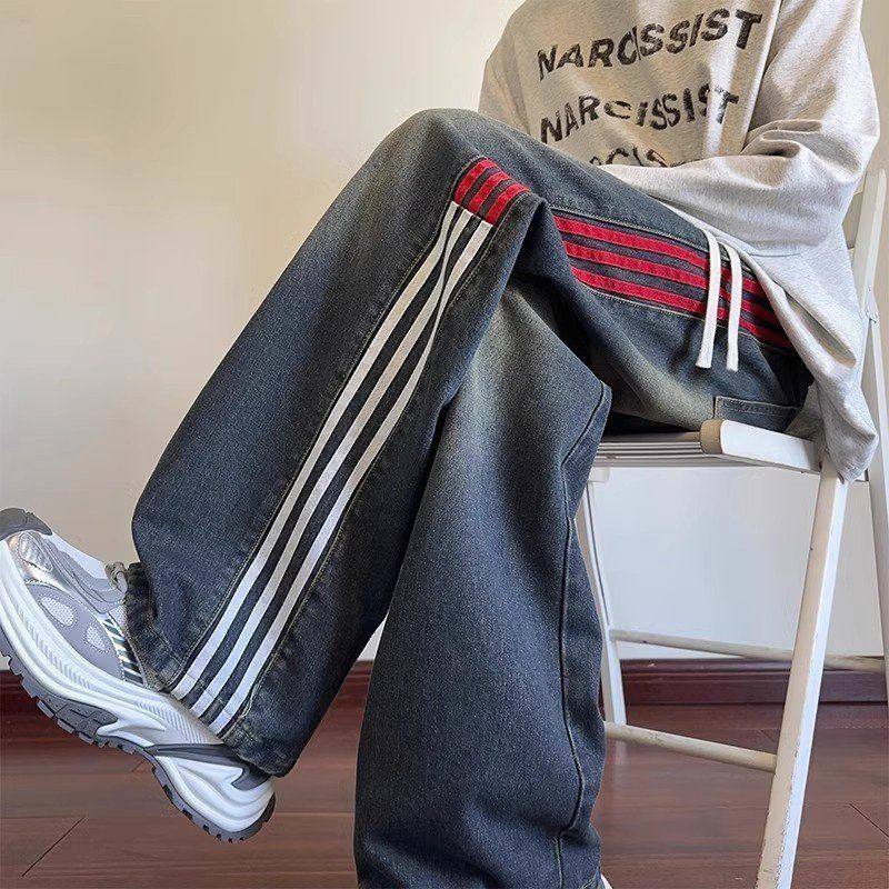 子复古蓝条纹直筒裤设计牛仔裤宽松男春秋潮牌美式拼接阔腿裤垂感