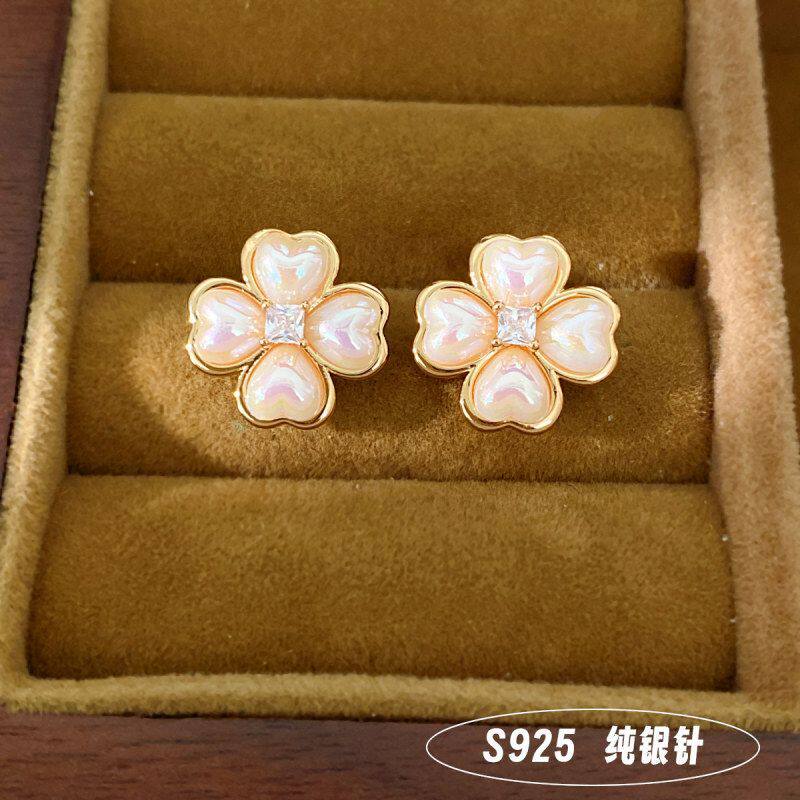 耳环复古珍珠S92轻奢批发纯银精致花朵耳饰耳钉高级感针法式锆石