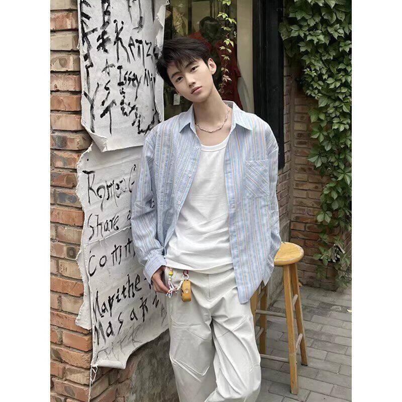 薄款风男女休闲慵懒长袖外套复古防晒衬衫透气衬衣美式条纹宽松