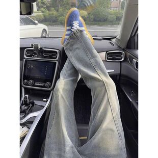 弯刀男款牛仔裤修身显瘦vibe直筒裤子高街美式复古秋冬微喇裤斜切