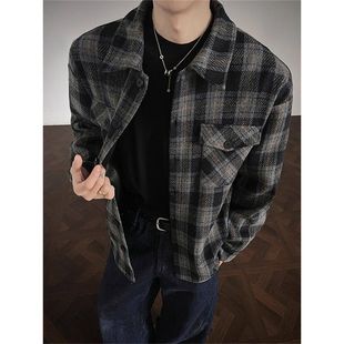 重磅秋冬正肩慵懒美式复古黑色格子外套夹克男款呢大衣毛风高级感