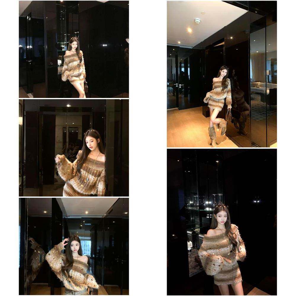 小众炸街高级感亮片斜肩针织连衣裙女2025秋冬新款撞色包臀短裙子