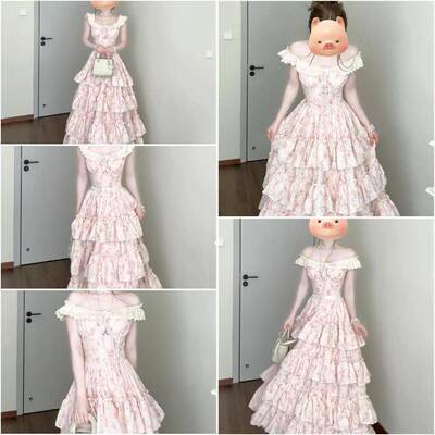 1/4吋套筒扳手袖粉色碎花吊带洋装女夏日绝美温柔风公主蛋糕裙初