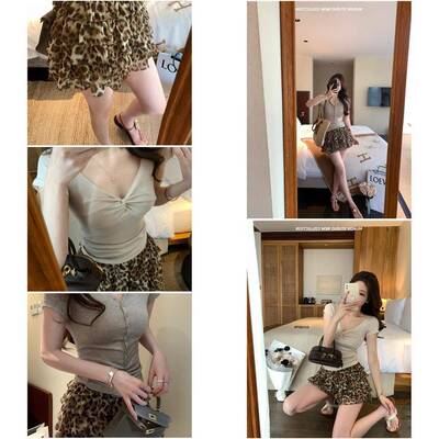 MUKOK 豹纹蓬蓬荷叶边蛋糕短裙女春夏小个子层级感减龄百搭半身裙