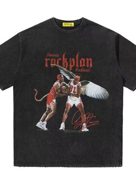 罗德曼复古印花水洗做旧短袖纯棉运动篮球衣重磅小领口高街潮T恤