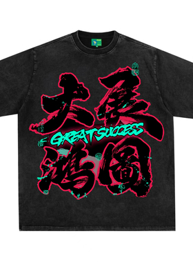 揽佬大展宏图美式复古数码直喷印花圆领短袖水洗做旧高街纯棉T恤