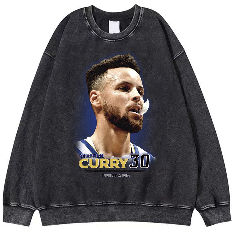 库里头像水洗做旧美式卫衣印花复古嘻哈套头男女长袖纯棉圆领宽松